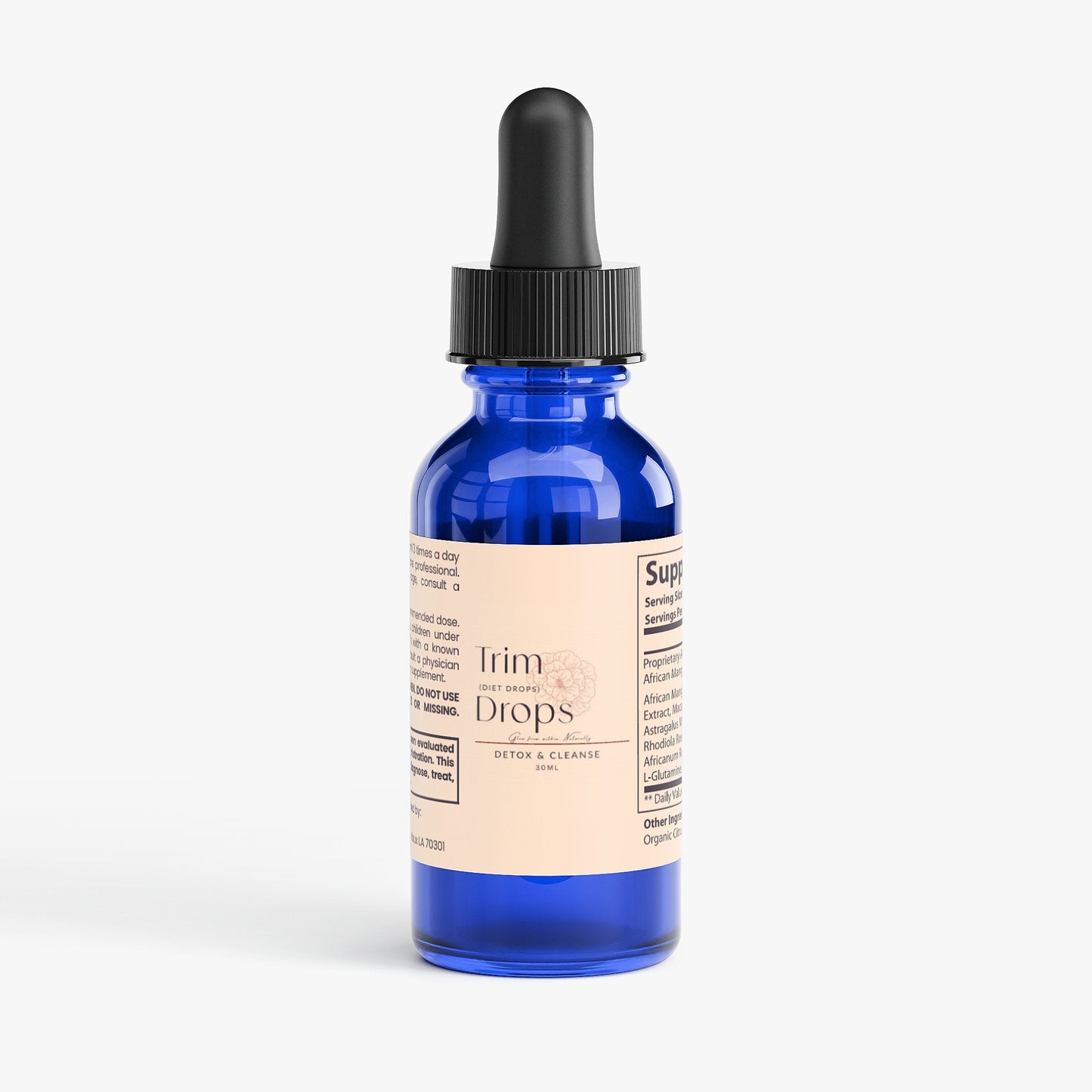 Blue glass dropper bottle of Trim Drops detox and cleanse supplement for metabolism and appetite support