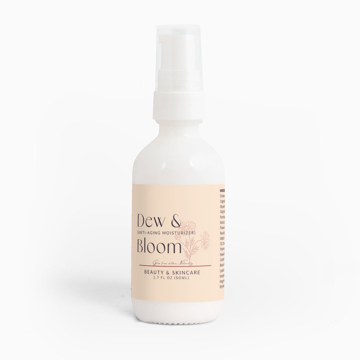Dew & Bloom anti-aging moisturizer bottle with beige label for sensitive skin hydration and skin renewal