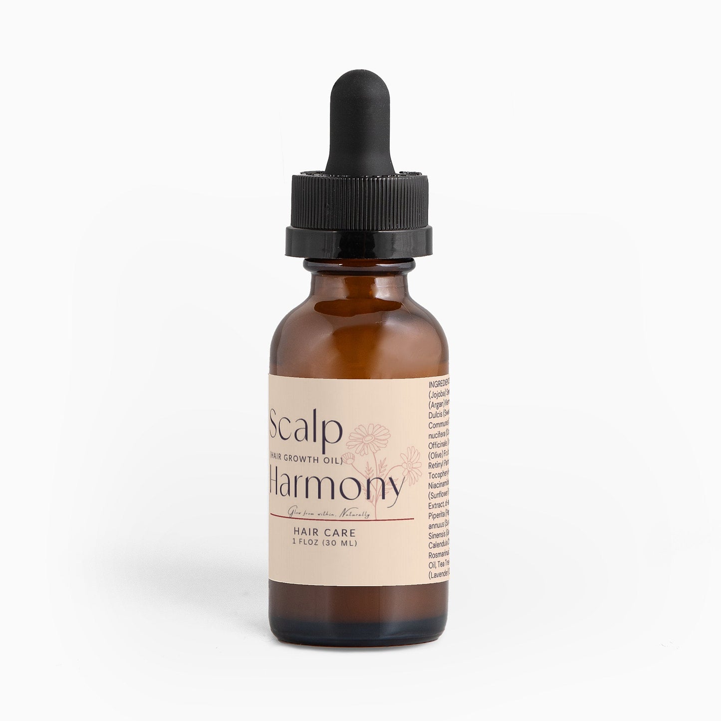 Amber glass dropper bottle of Scalp Harmony Hair Growth Oil for nourishing scalp and improving hair vitality