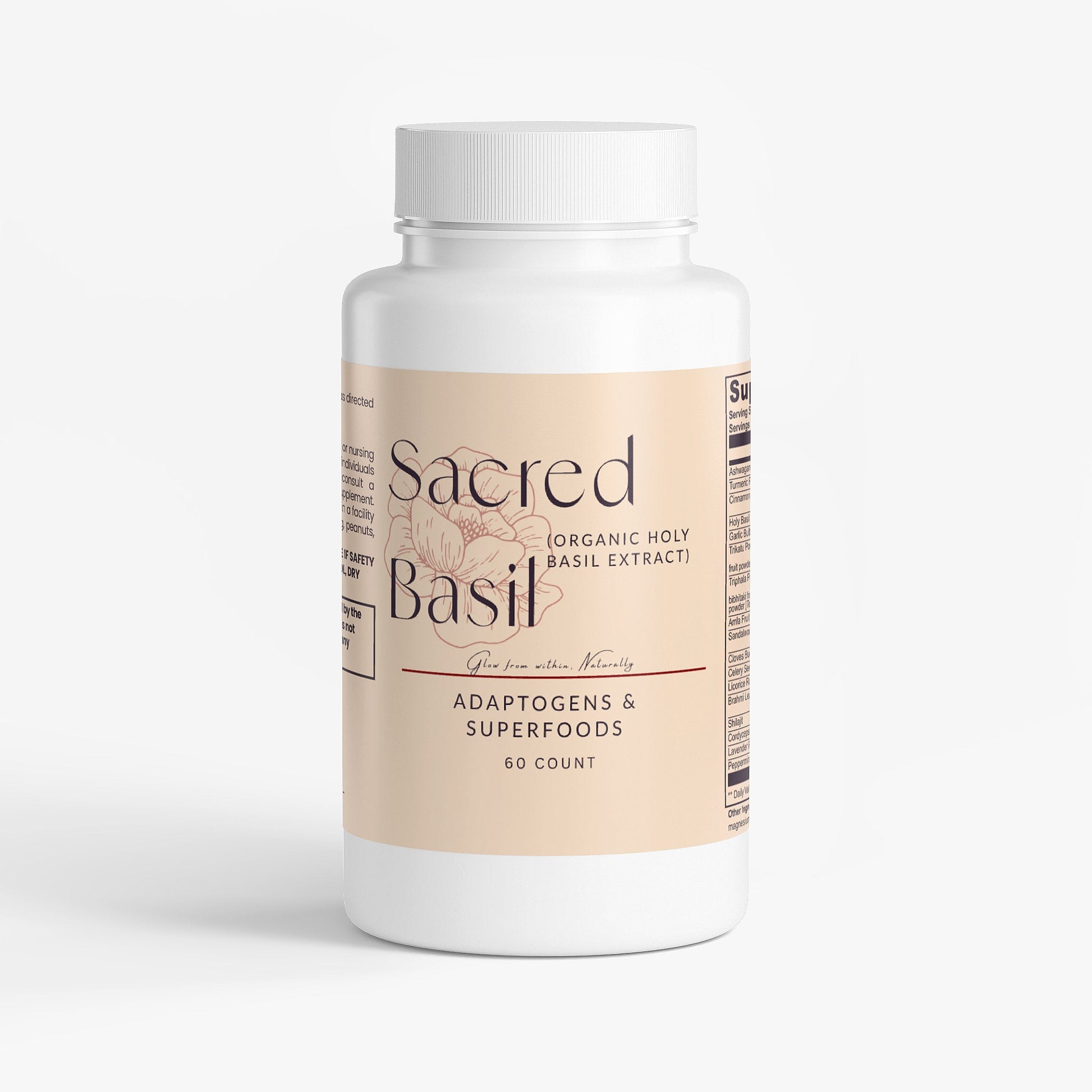Bottle of Sacred Basil organic holy basil extract adaptogen and superfood supplements, 60 capsules for wellness and balance