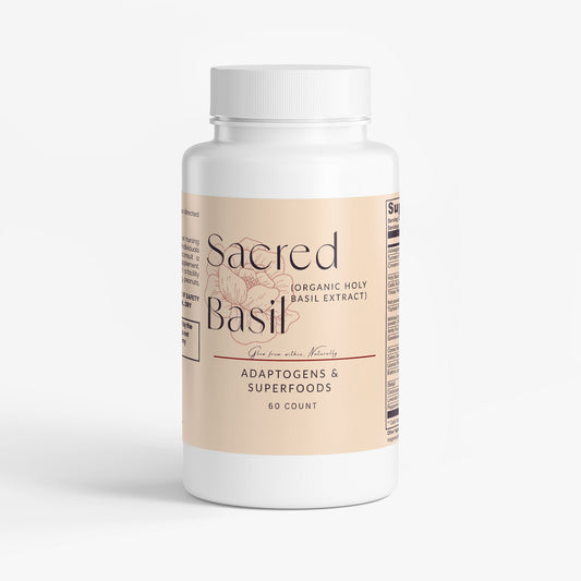 Bottle of Sacred Basil organic holy basil extract adaptogen and superfood supplements, 60 capsules for wellness and balance