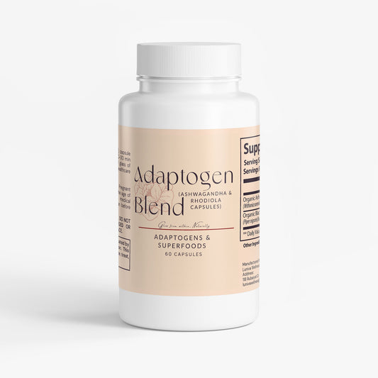 White bottle of Adapto Blend capsules featuring adaptogens and superfoods for stress resilience and energy support