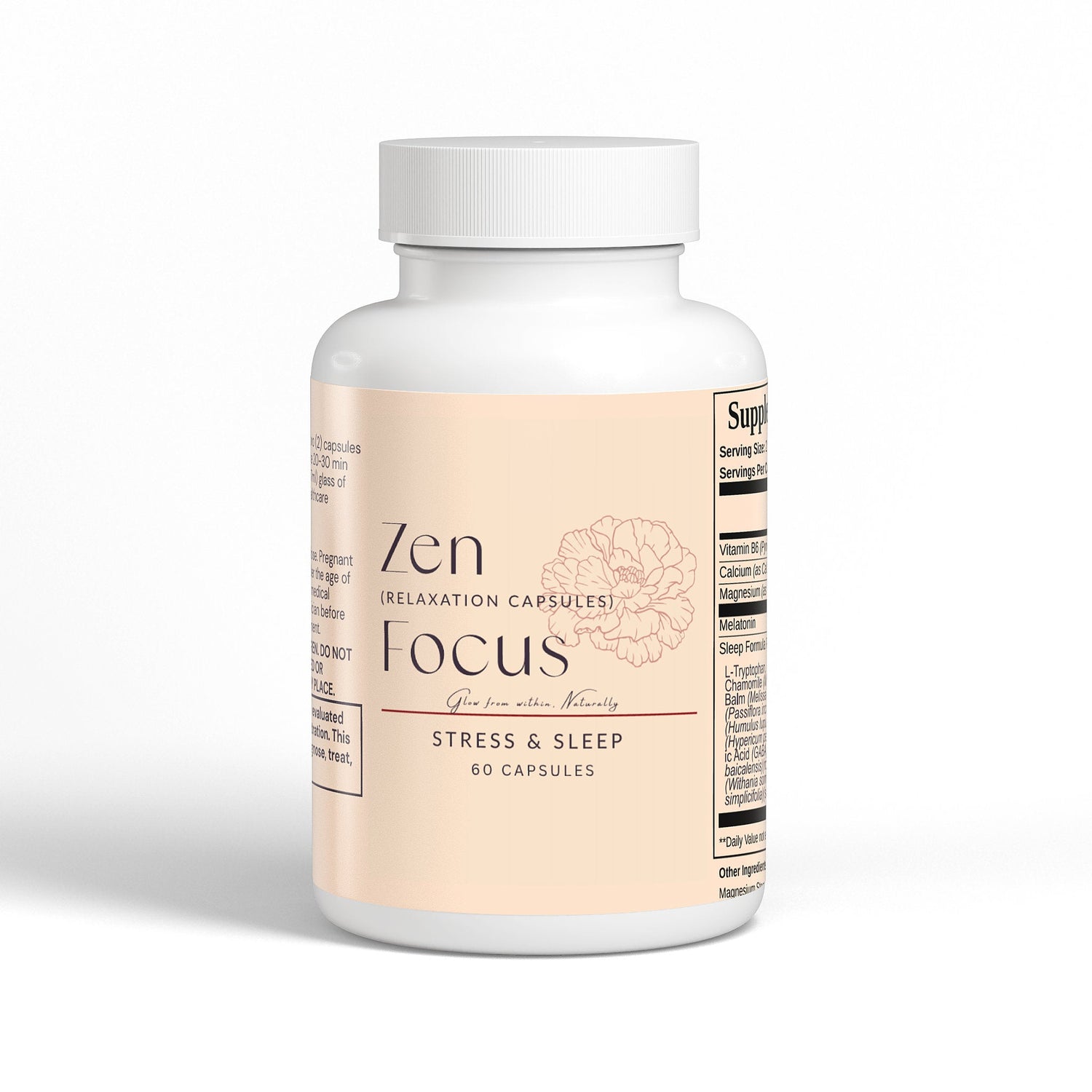 Bottle of Zen Focus pharmaceutical-grade L-Theanine capsules for stress relief and sleep support with 60 capsules inside