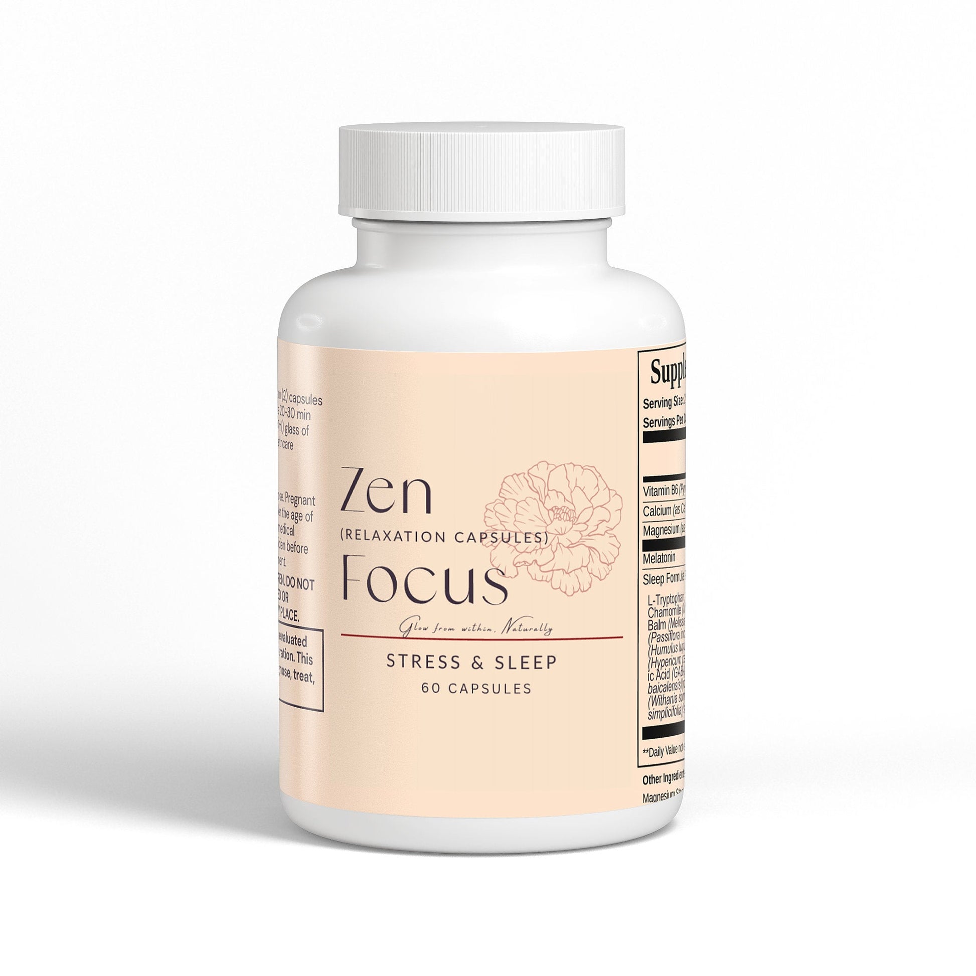 Bottle of Zen Focus pharmaceutical-grade L-Theanine capsules for stress relief and sleep support with 60 capsules inside