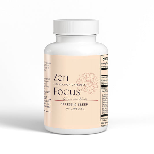 Bottle of Zen Focus pharmaceutical-grade L-Theanine capsules for stress relief and sleep support with 60 capsules inside
