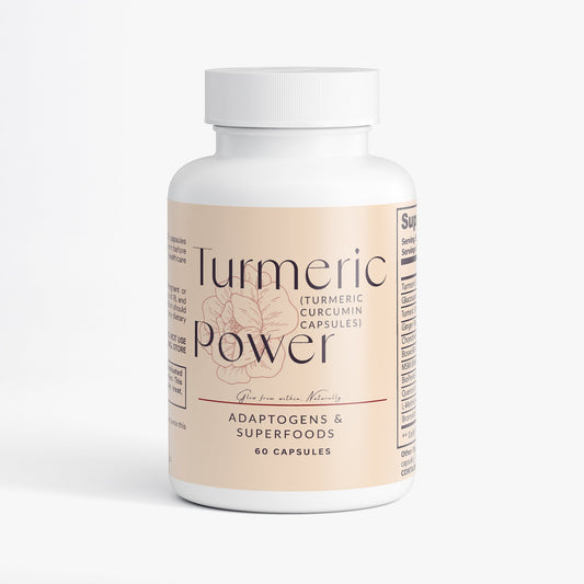 Bottle of Turmeric Power capsules for joint support and inflammation relief with turmeric curcumin and BioPerine supplements
