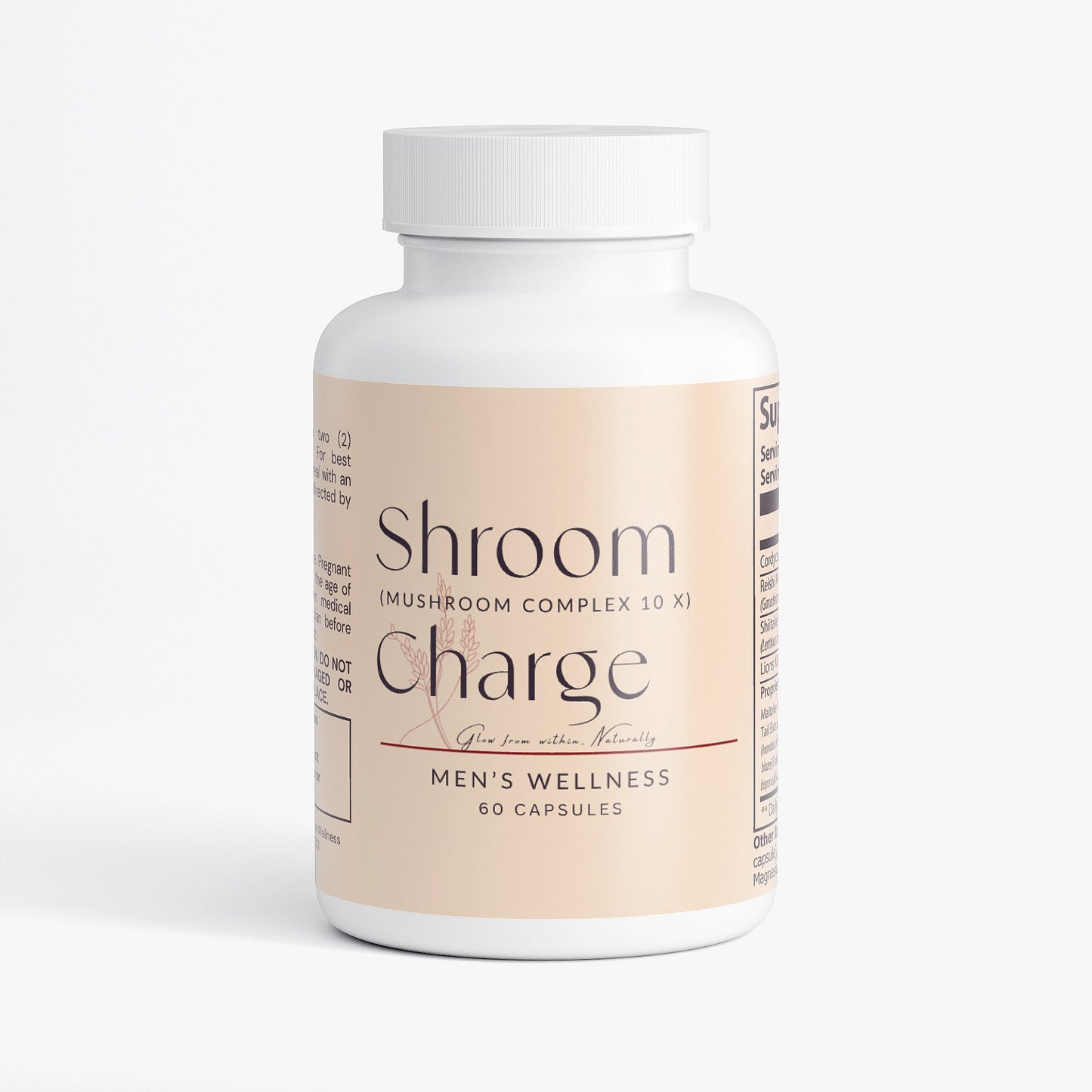 Shroom Charge mushroom supplement bottle for men's wellness with 60 capsules and natural fungal blend