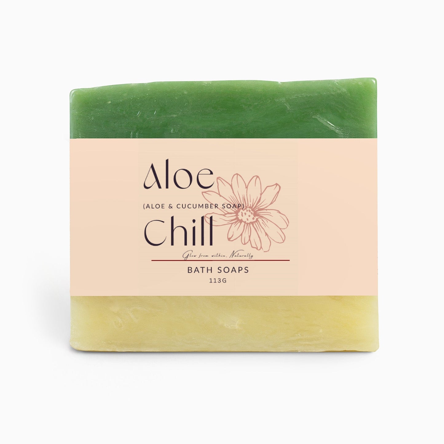 Aloe Chill aloe and cucumber bath soap bar with green and beige colors and minimal floral packaging design