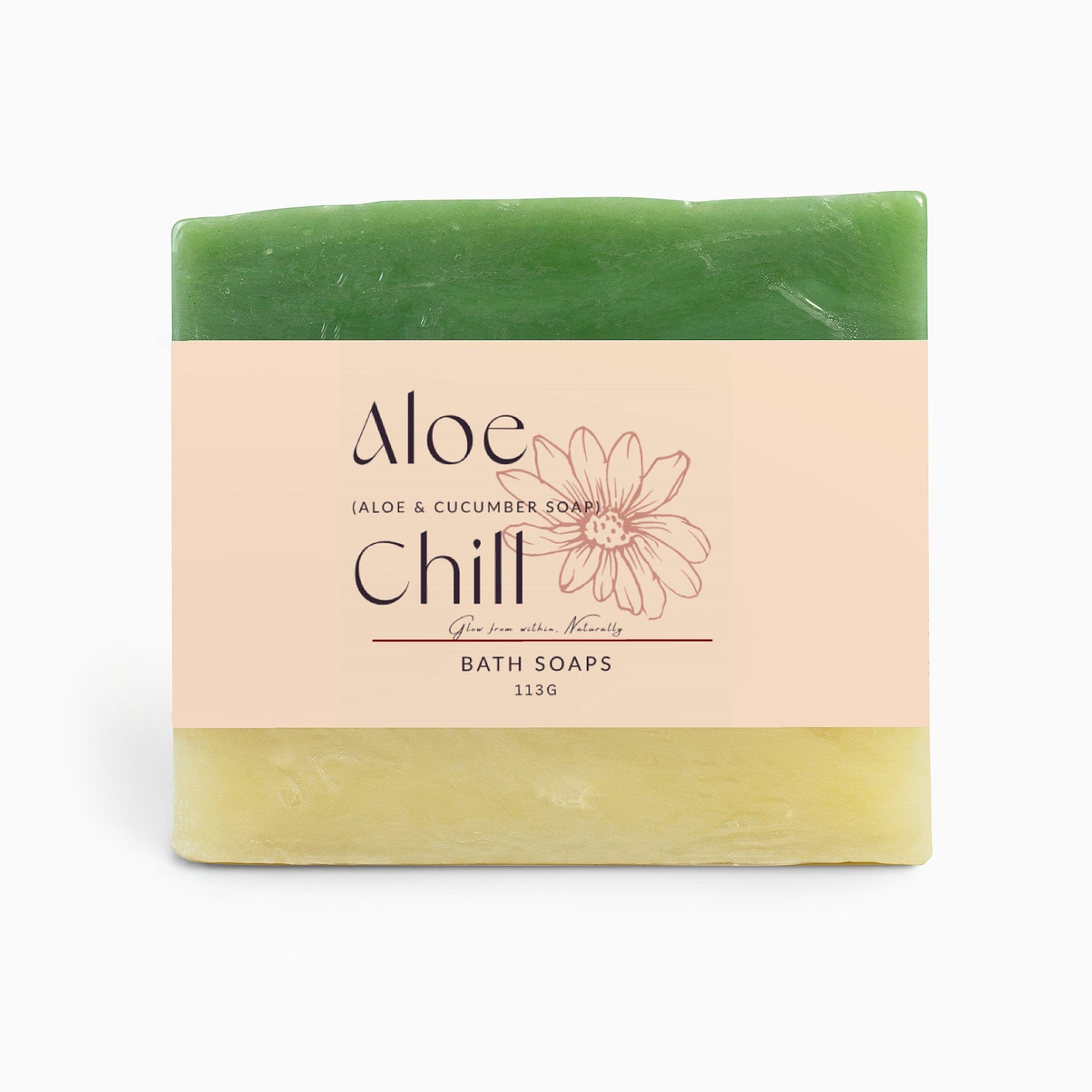 Aloe Chill aloe and cucumber bath soap bar with green and beige colors and minimal floral packaging design