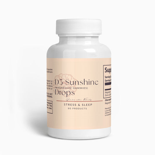 Bottle of D3 Sunshine Drops magnesium glycinate gummies for stress relief and sleep support