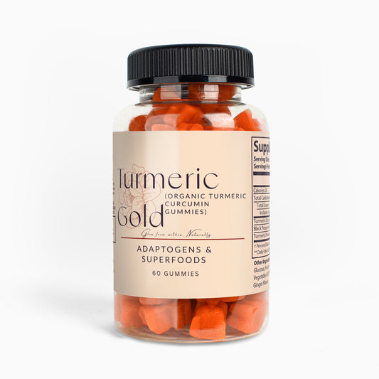 Turmeric Gold organic turmeric curcumin gummies bottle with 60 vegan, gluten-free supplements for joint and immune support