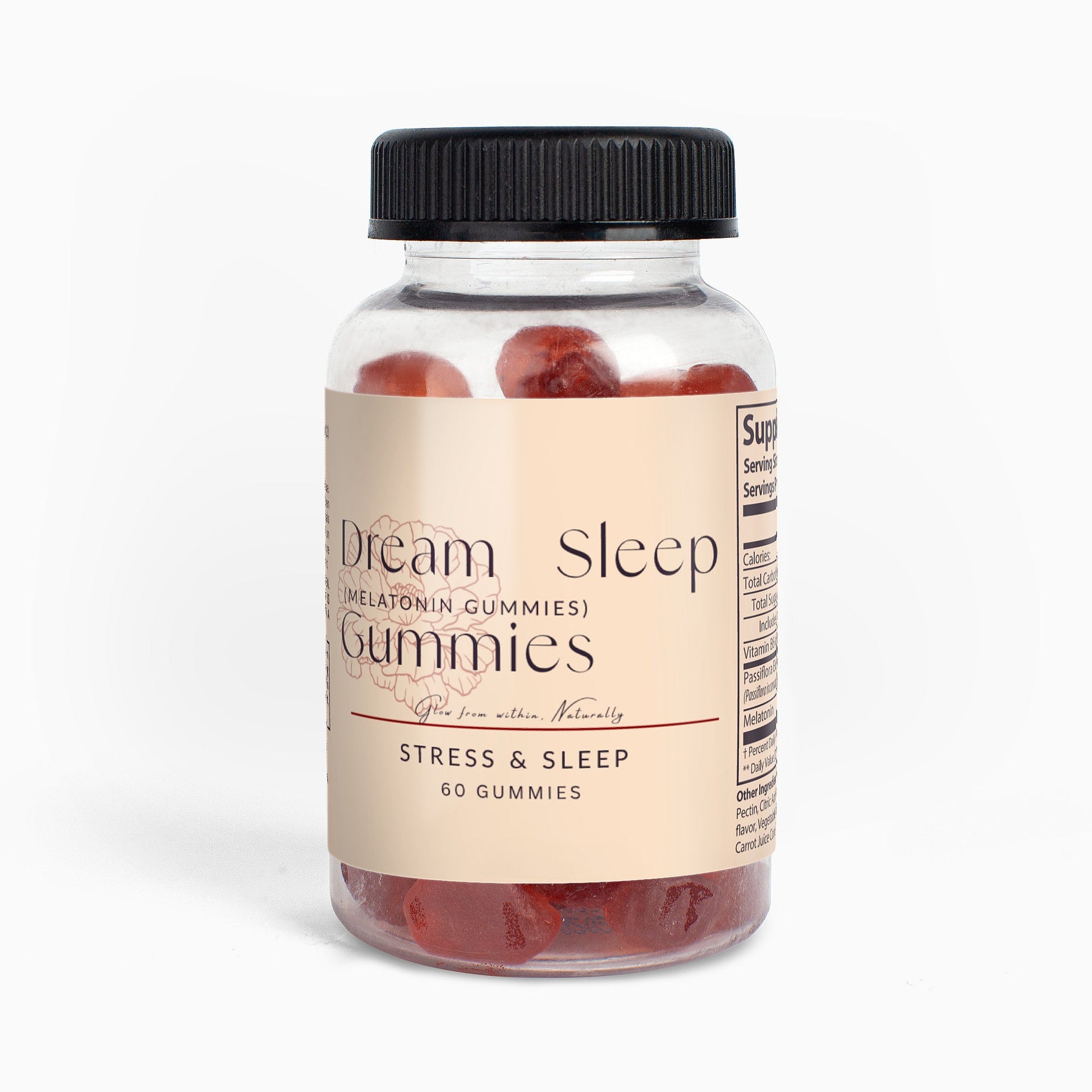 Clear bottle of Dream Sleep Gummies with black lid, featuring beige label promoting melatonin gummies for stress and sleep, containing 60 passion fruit-flavored gummies.