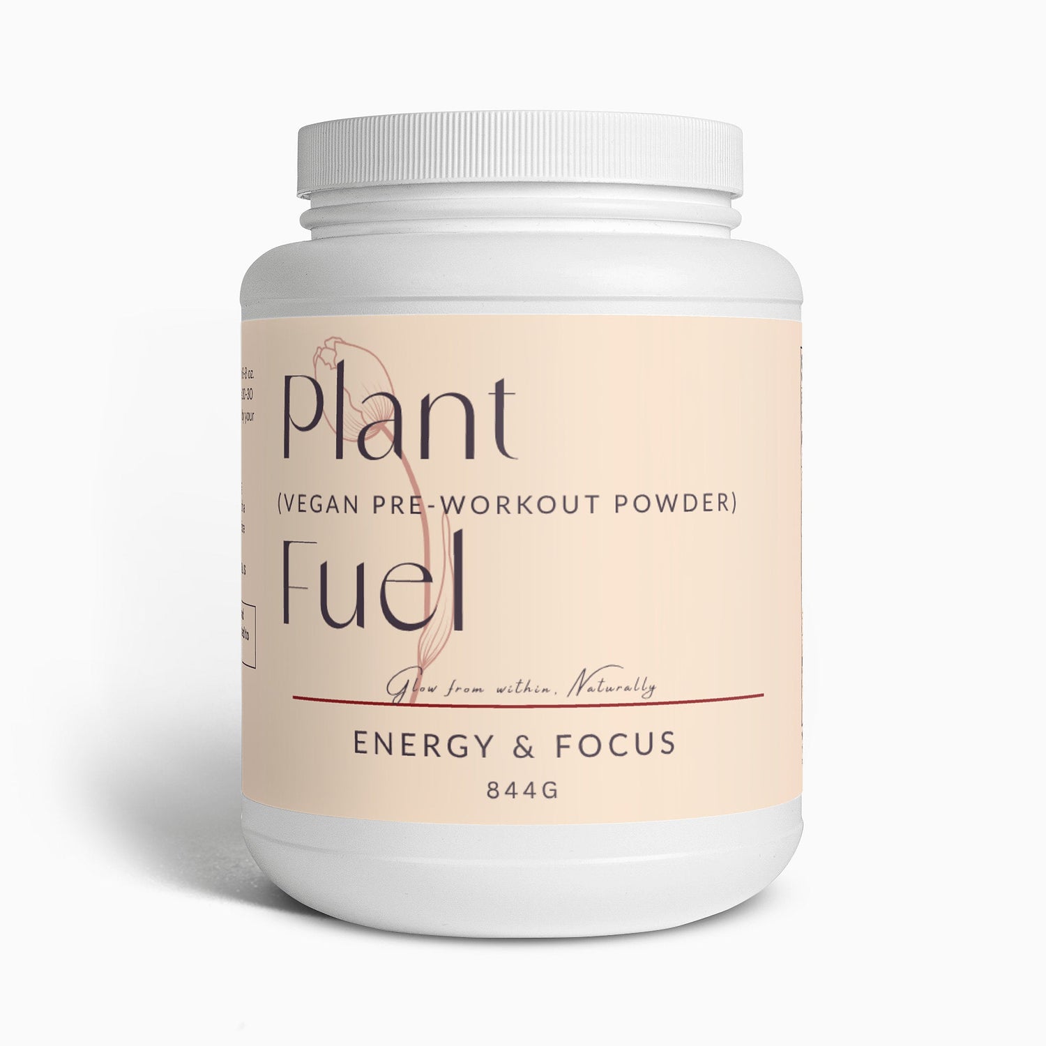 Plant Fuel vegan pre-workout powder with natural energy and focus formula, 844g jar, vanilla flavor, plant-based protein blend for endurance and muscle support.