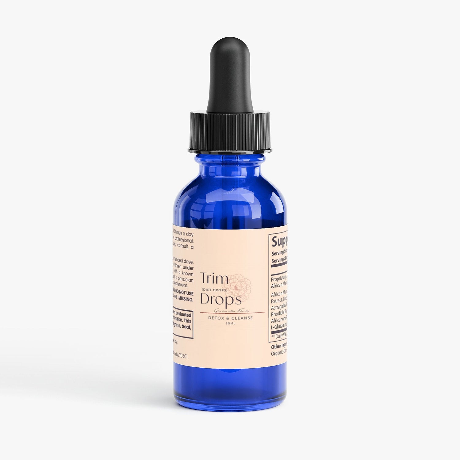 Blue glass dropper bottle of Trim Drops detox and cleanse supplement for metabolism and appetite support