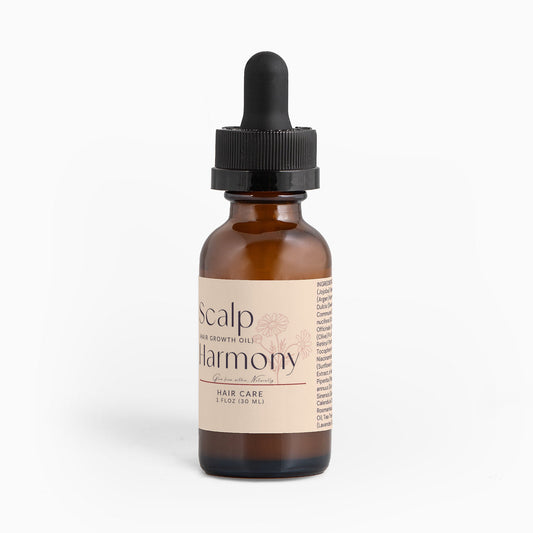 Amber glass dropper bottle of Scalp Harmony Hair Growth Oil for nourishing scalp and improving hair vitality