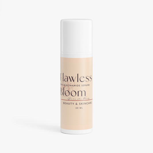 Flawless Bloom 10% Niacinamide serum bottle for brightening and refining skin pores