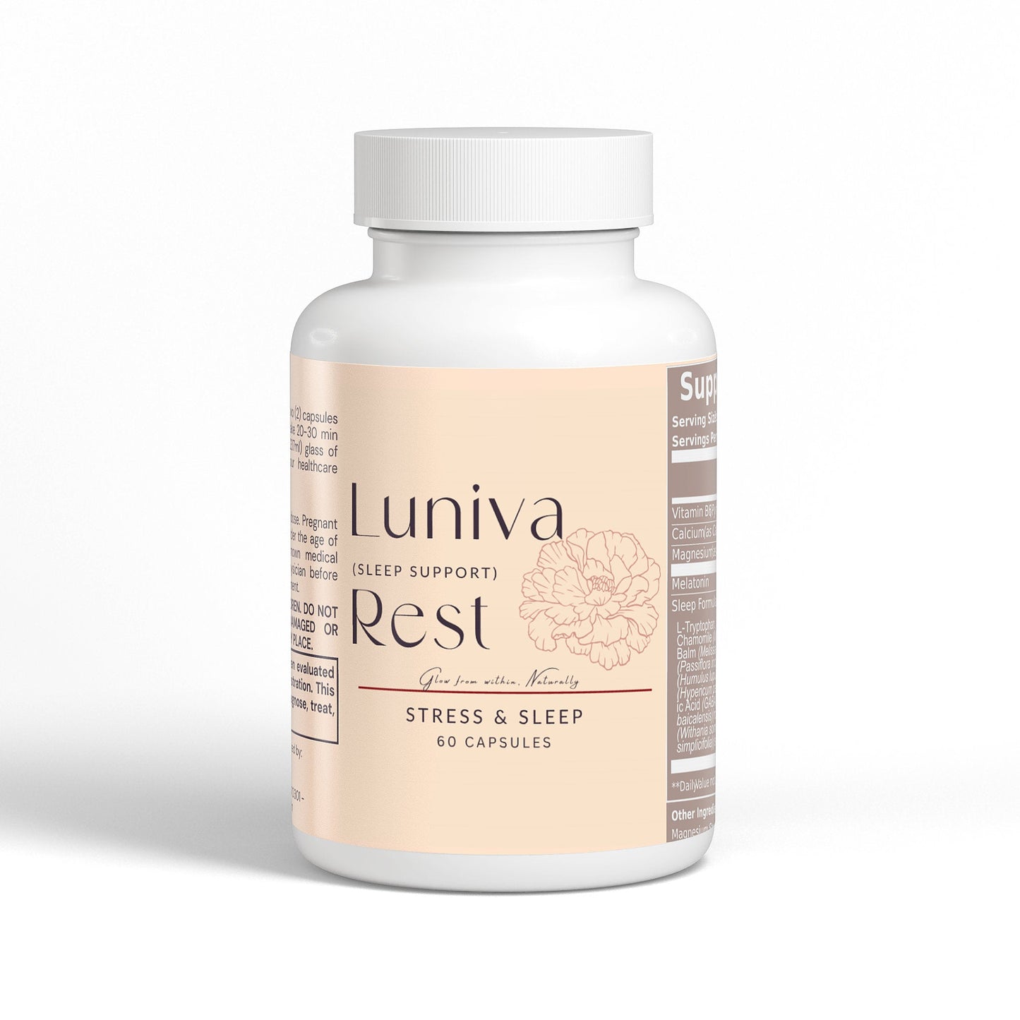 Luniva Rest magnesium citrate powder supplement bottle for stress and sleep support vegan capsules