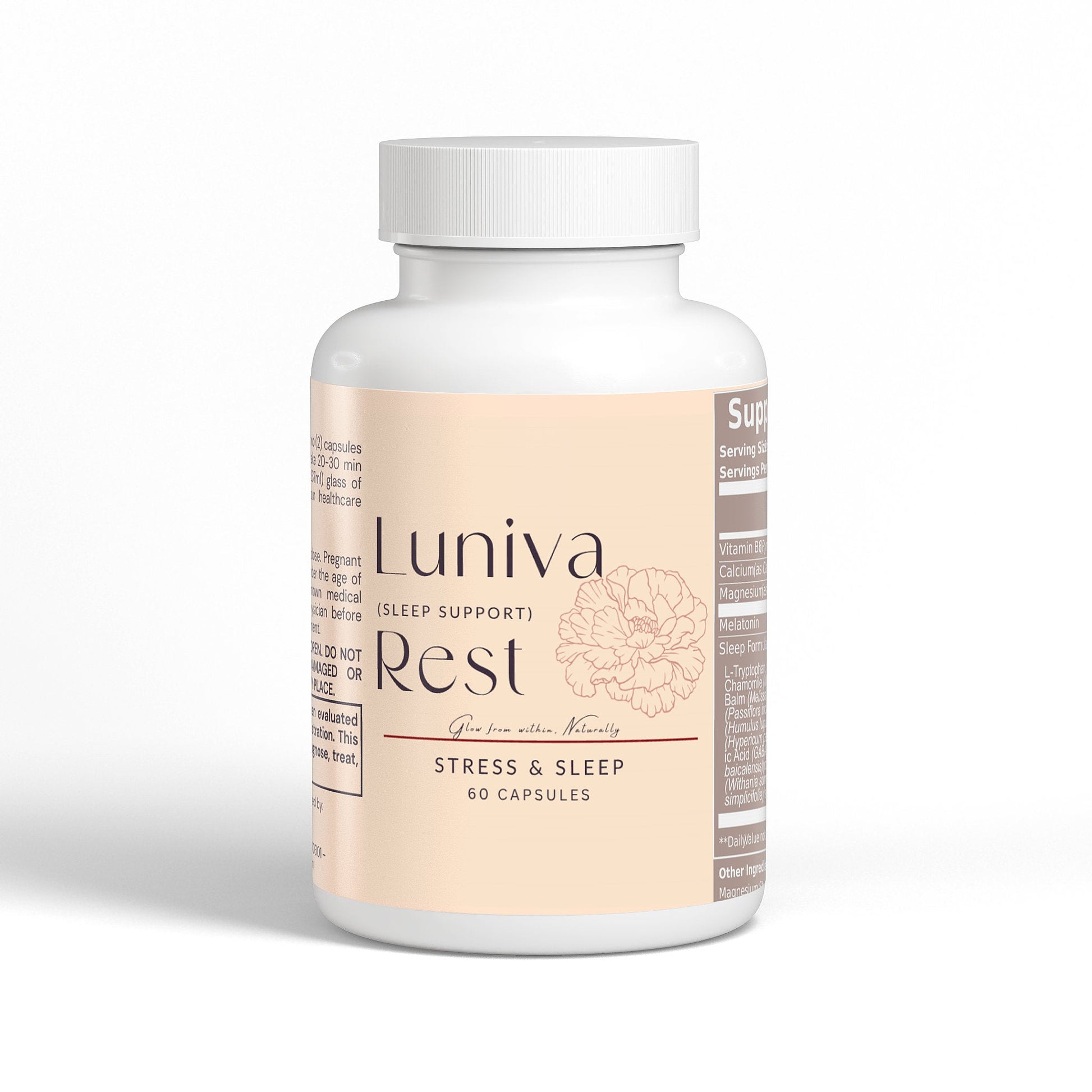 Luniva Rest magnesium citrate powder supplement bottle for stress and sleep support vegan capsules