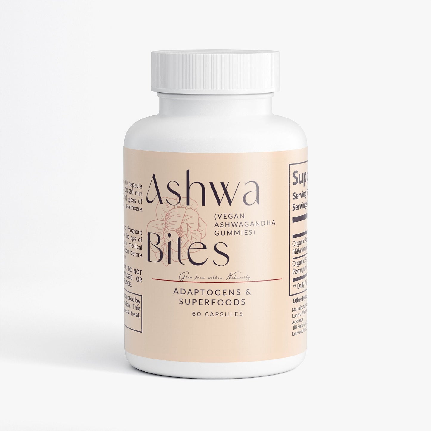 Ashwa Bites vegan ashwagandha gummies bottle with adaptogenic support and natural ingredients
