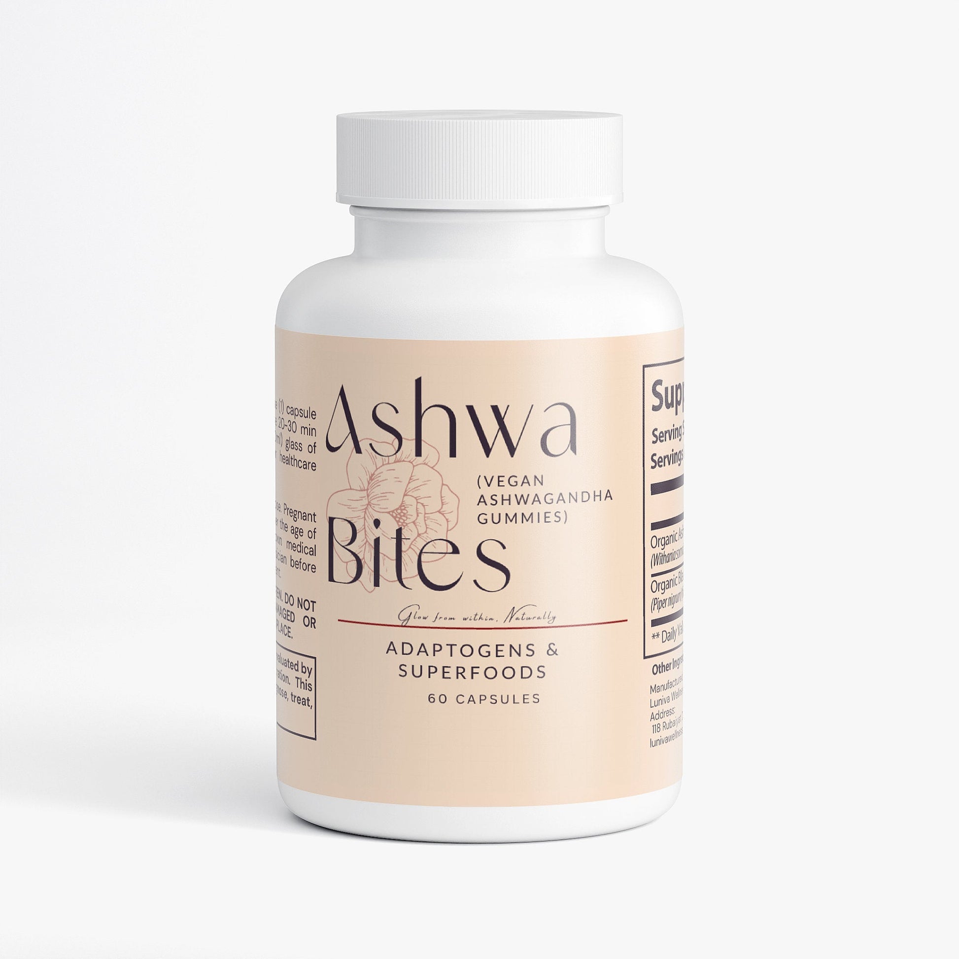 Ashwa Bites vegan ashwagandha gummies bottle with adaptogenic support and natural ingredients