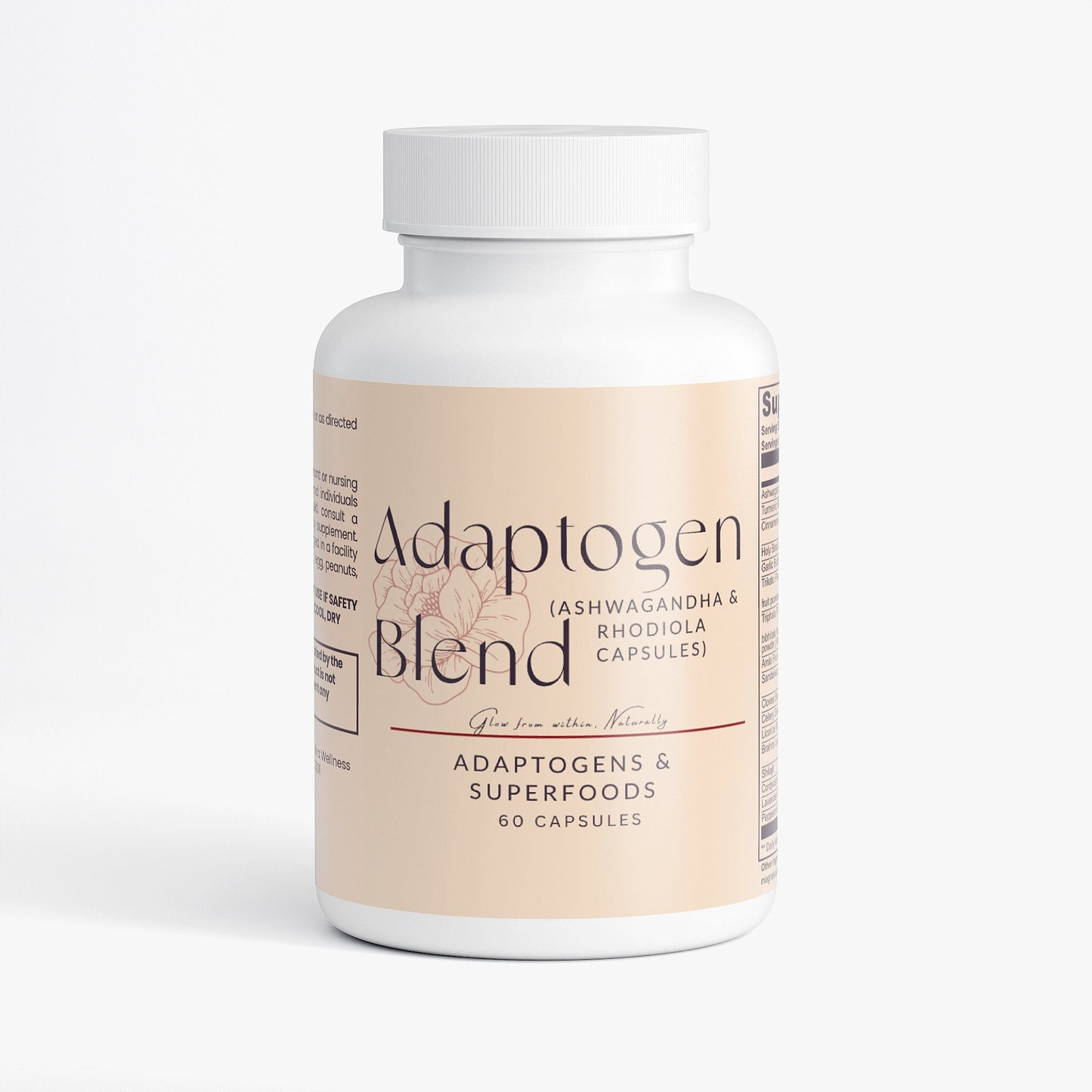 Bottle of Adaptogen Blend capsules with ashwagandha and rhodiola for stress relief and mental clarity