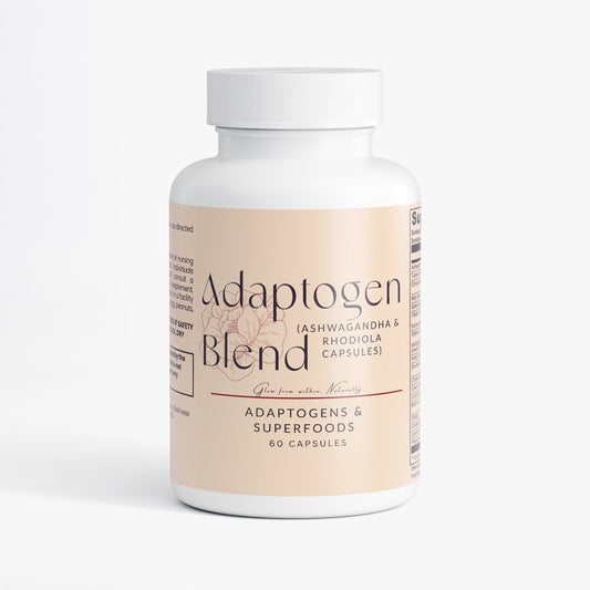 Bottle of Adaptogen Blend capsules with ashwagandha and rhodiola for stress relief and mental clarity