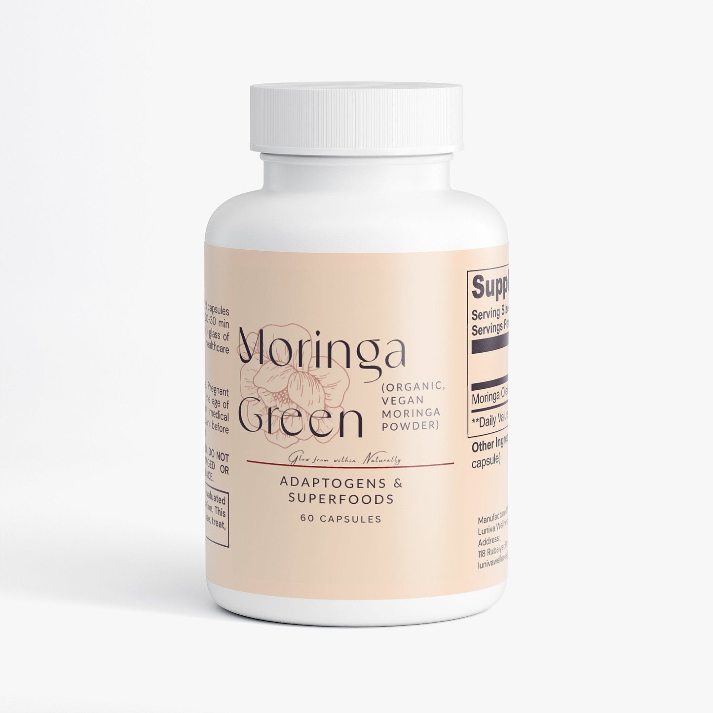 Organic vegan Moringa Green capsules with Moringa Oleifera leaf powder for adaptogens and superfoods supplementation