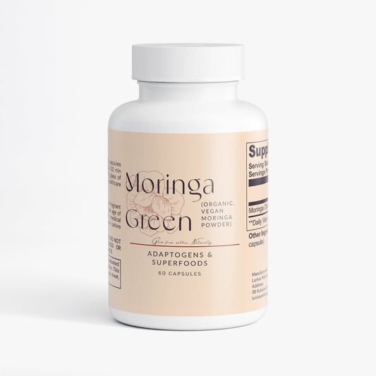 Organic vegan Moringa Green capsules with Moringa Oleifera leaf powder for adaptogens and superfoods supplementation