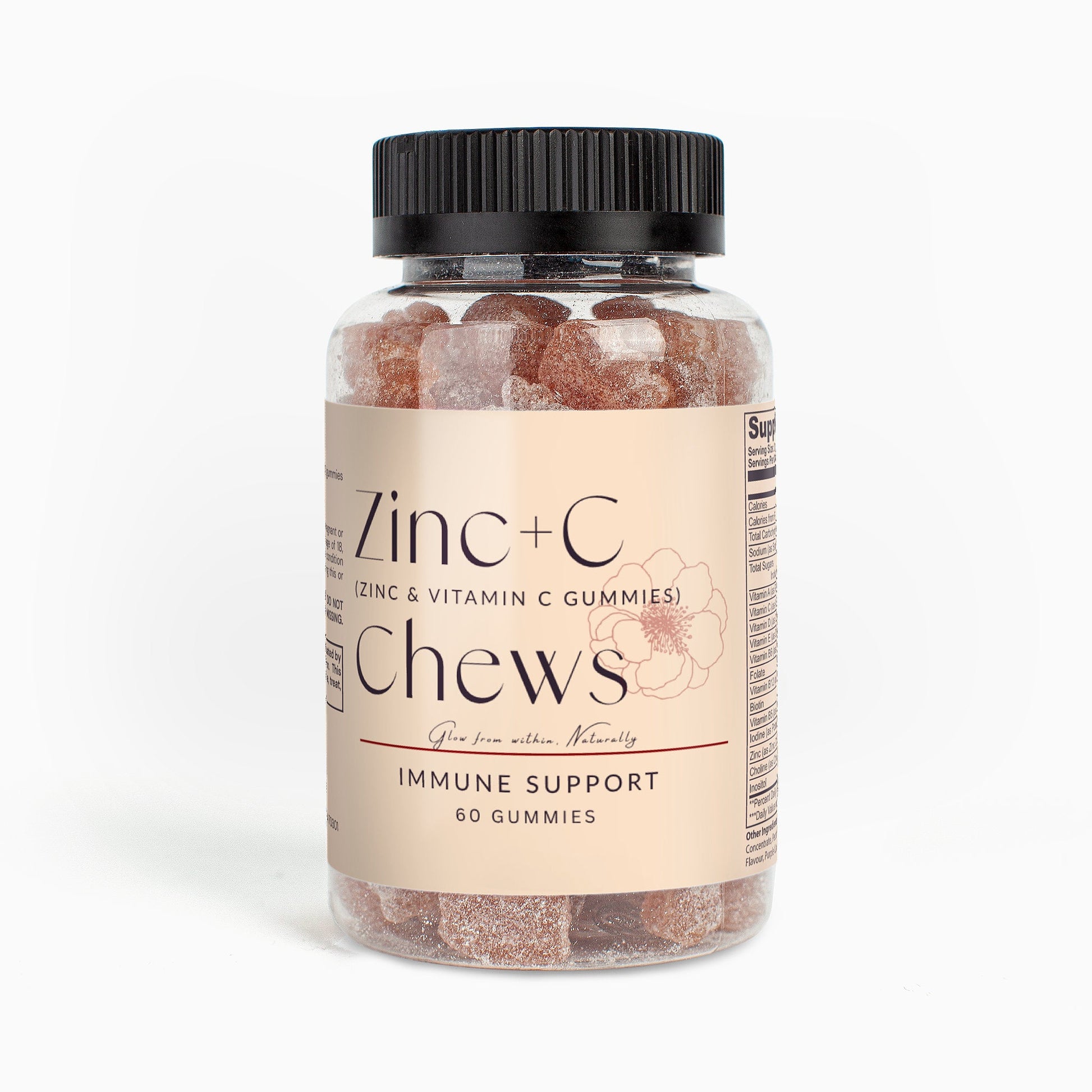 Zinc + C chewable gummy supplements for immune support with vitamin C and zinc, strawberry flavor, 60 gummies per bottle