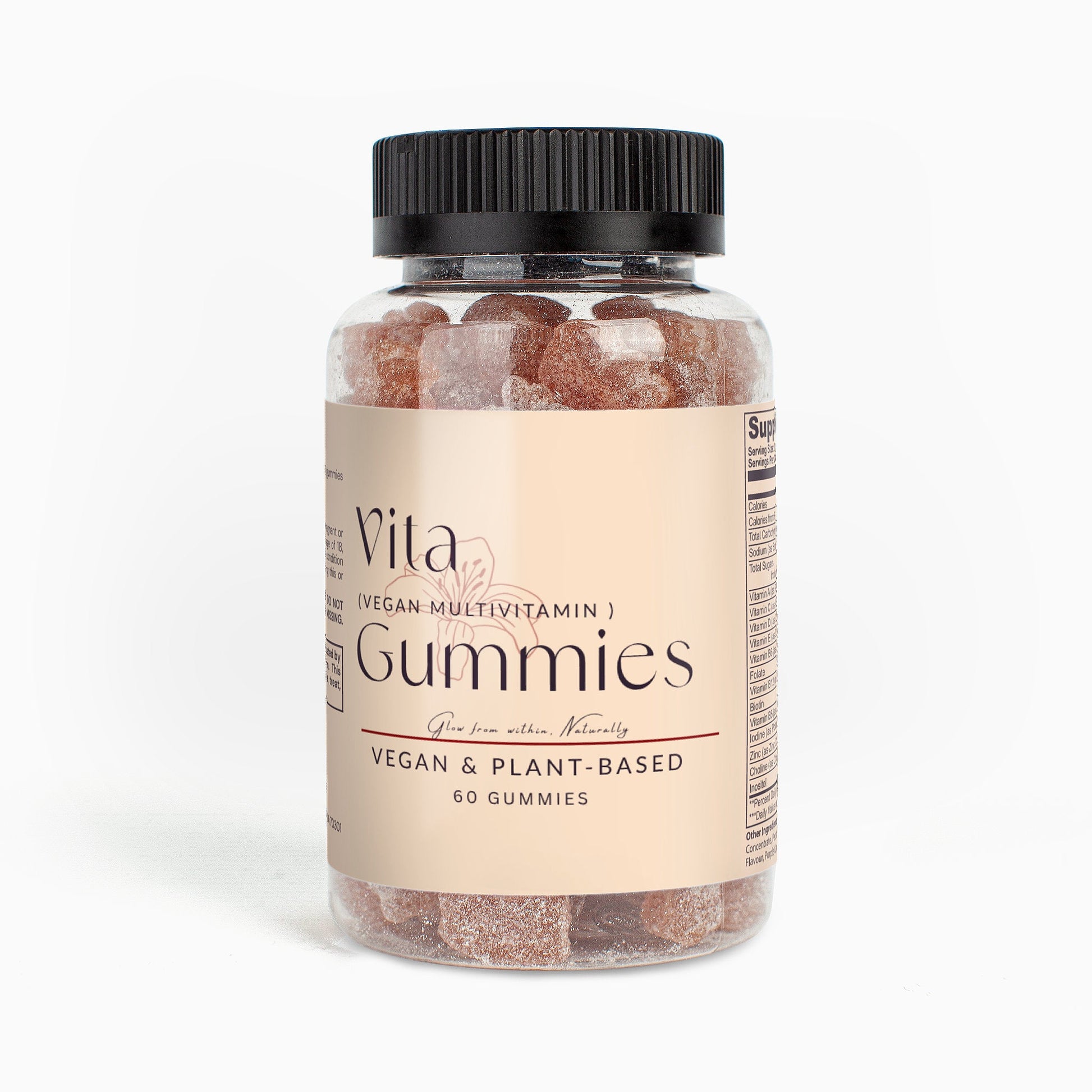 Vegan multivitamin Vita Gummies in a clear bottle with black cap, 60 plant-based strawberry-flavored supplements