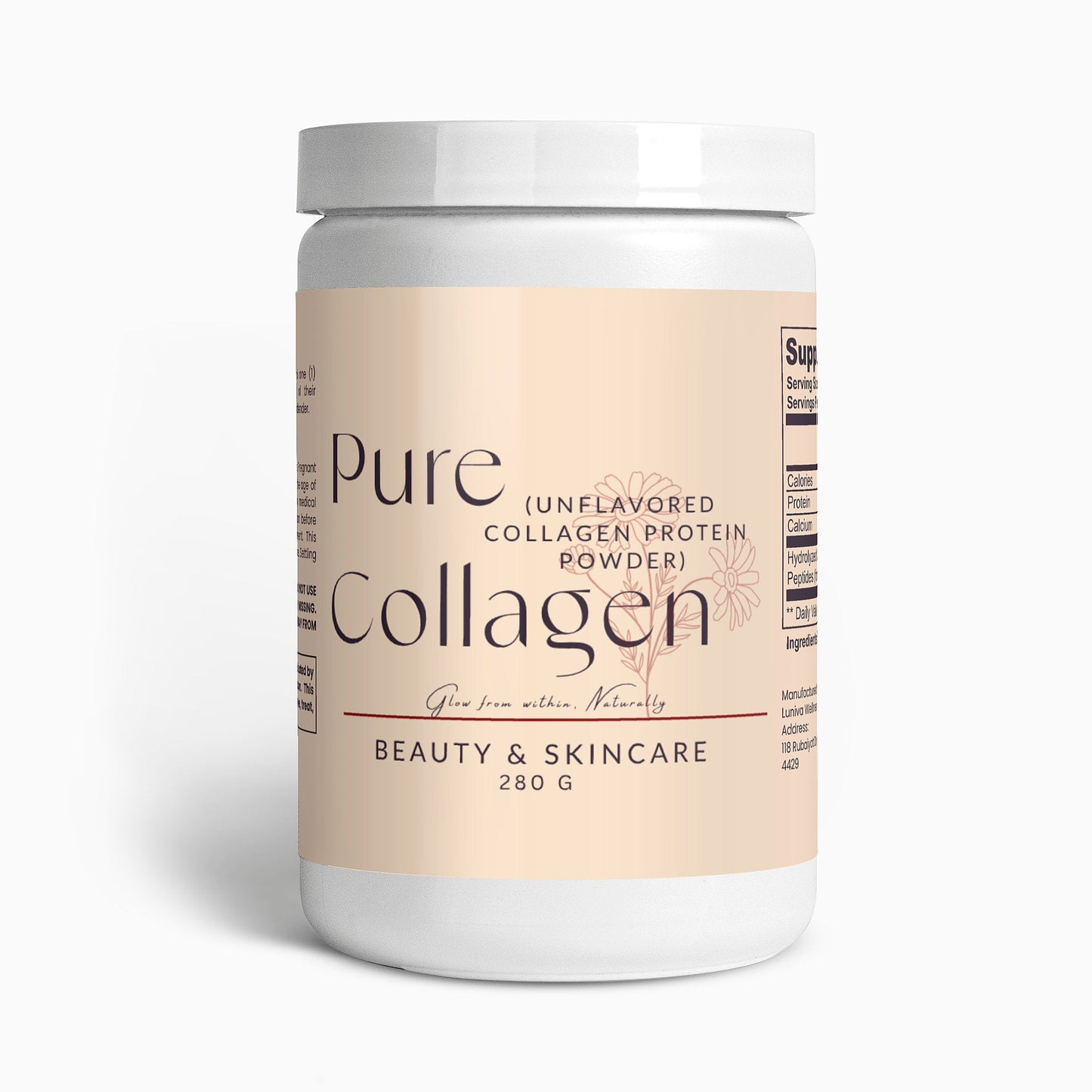 Pure Collagen hydrolyzed bovine collagen peptides powder for skin, joints, and gut health, unflavored, 280g container