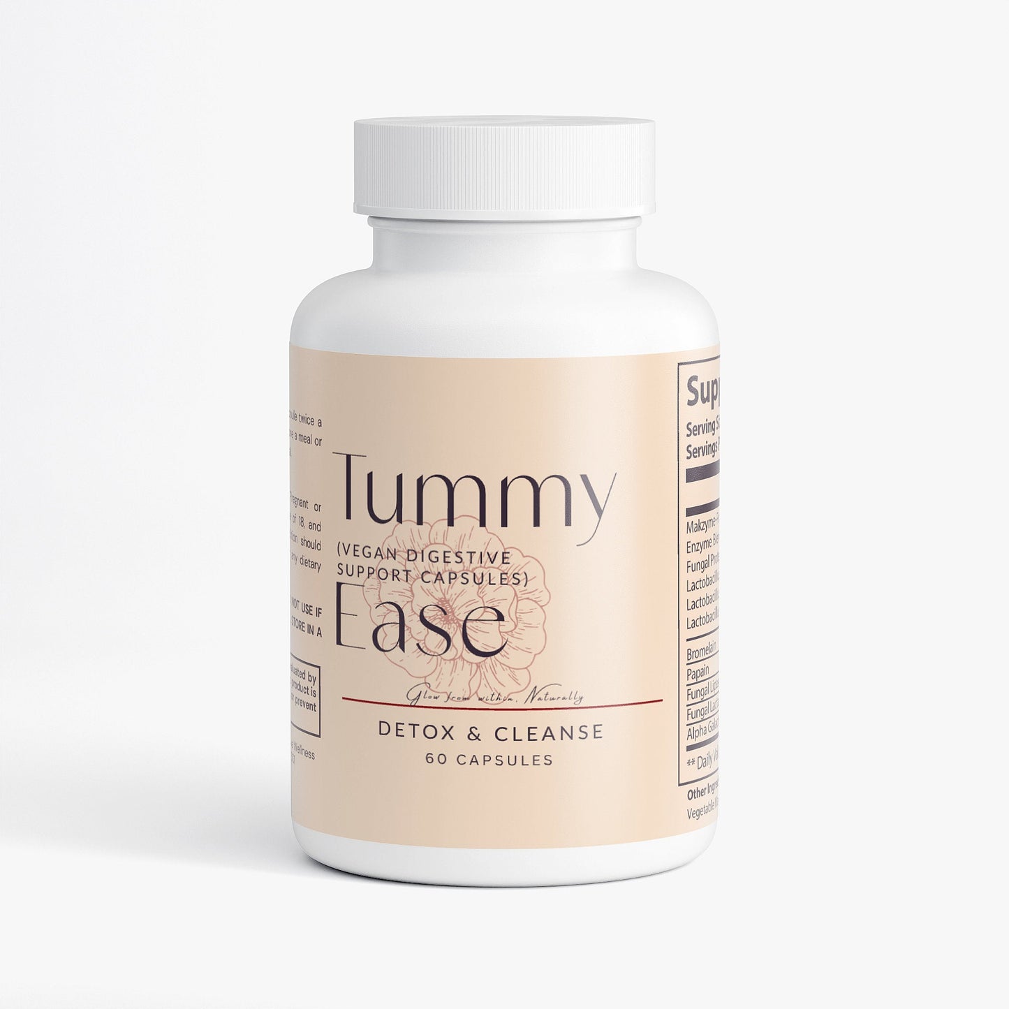 Tummy Ease vegan digestive enzyme supplement bottle for detox and cleanse with 60 capsules