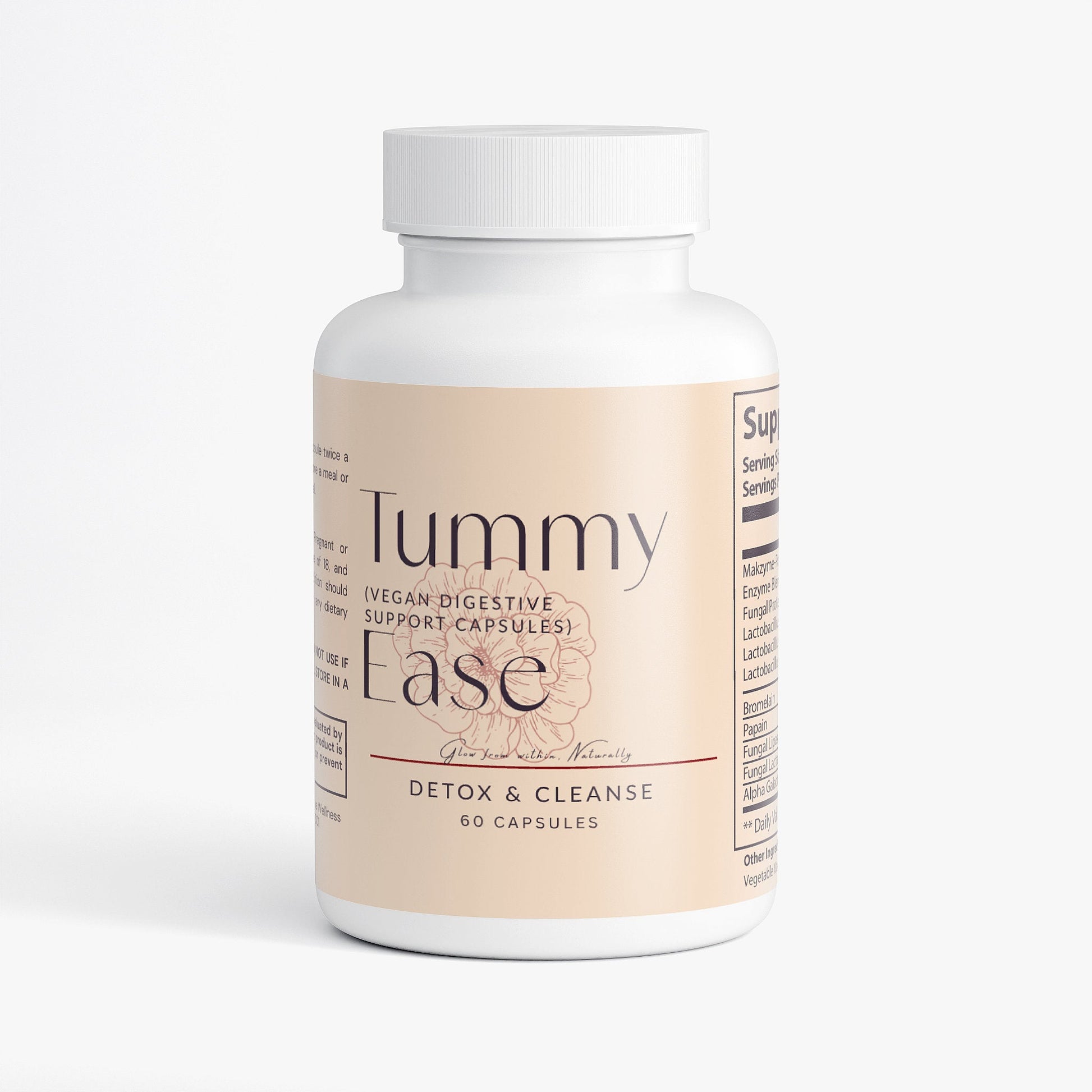 Tummy Ease vegan digestive enzyme supplement bottle for detox and cleanse with 60 capsules