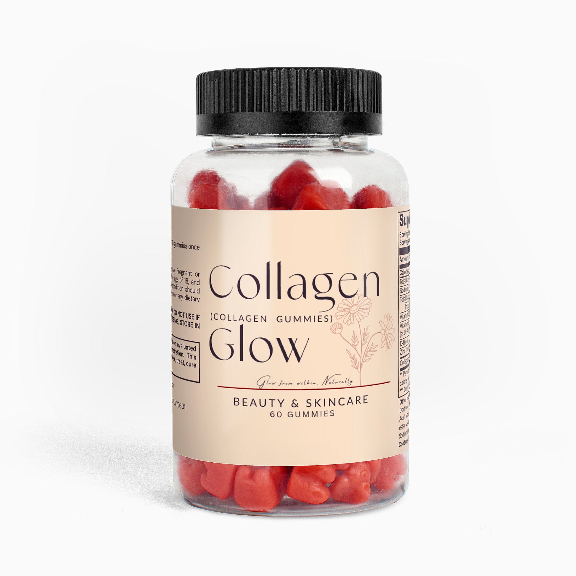Collagen Glow collagen gummies for skin, hair, nails, and joint support with hyaluronic acid and vitamin C, orange flavor, gluten-free, non-GMO, antibiotic-free.
