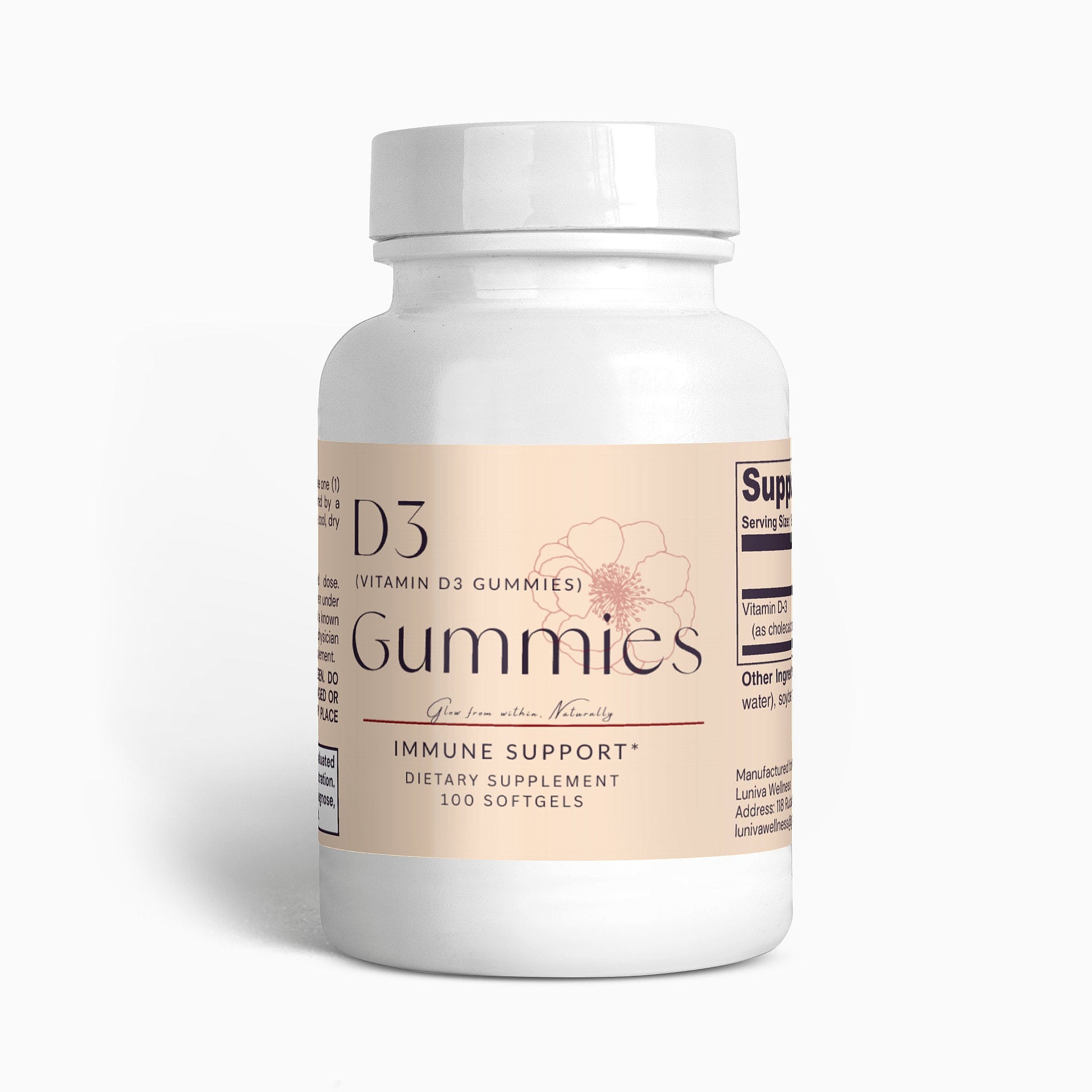 Bottle of vegan D3 Gummies vitamin supplement for immune support with 100 softgels