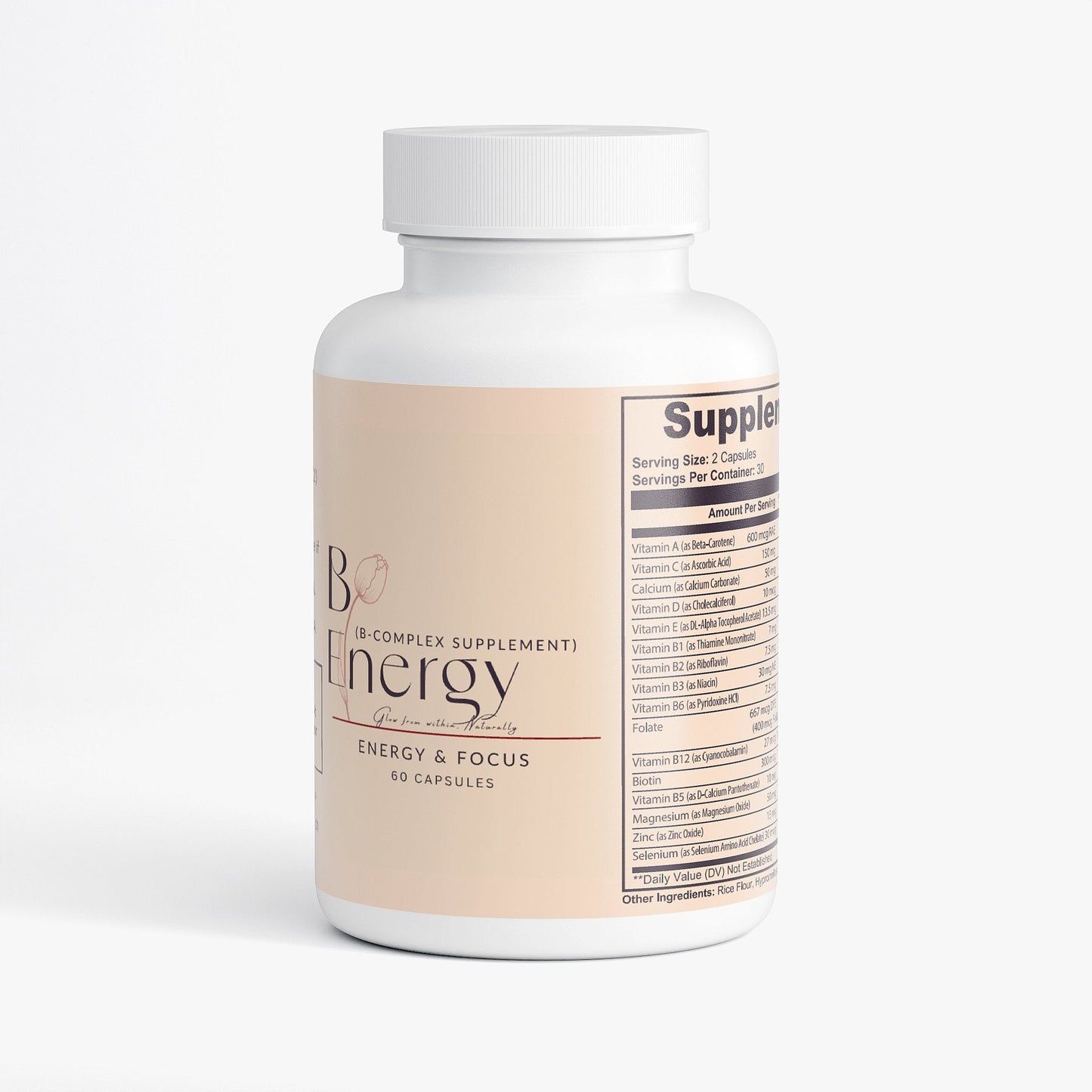 Bottle of B Energy B-Complex formula supplement with 60 capsules for energy and focus