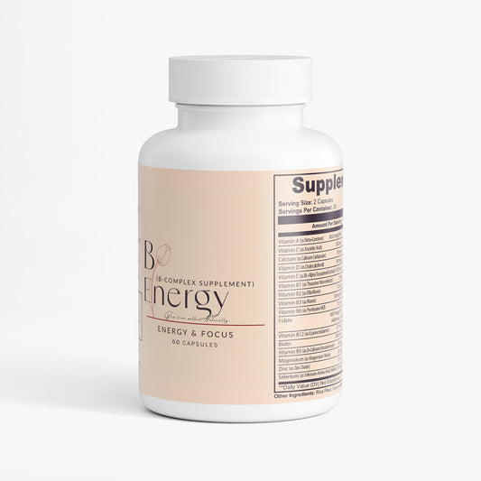 Bottle of B Energy B-Complex formula supplement with 60 capsules for energy and focus