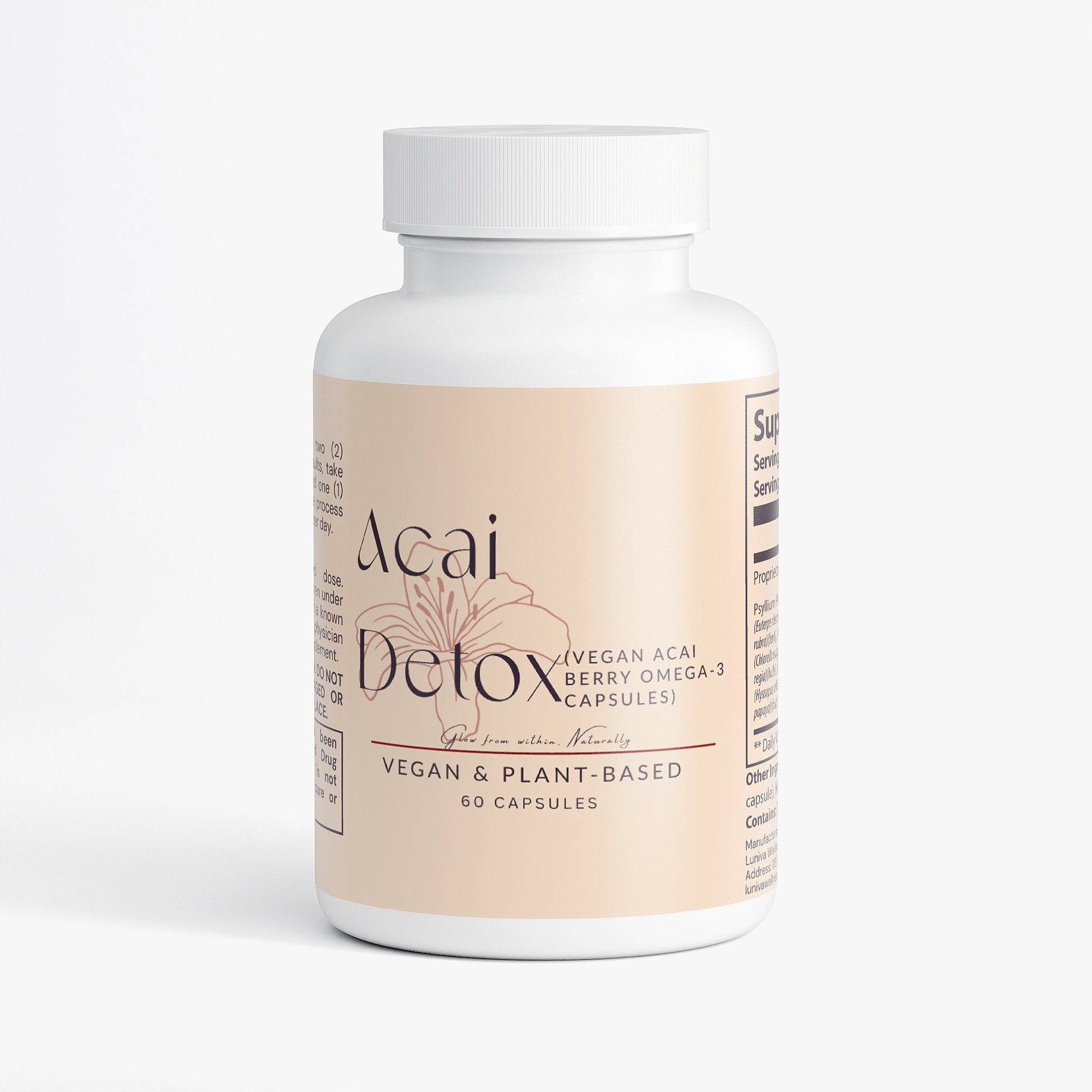 Acai Detox vegan plant-based supplement bottle with 60 capsules for natural detoxification and wellness