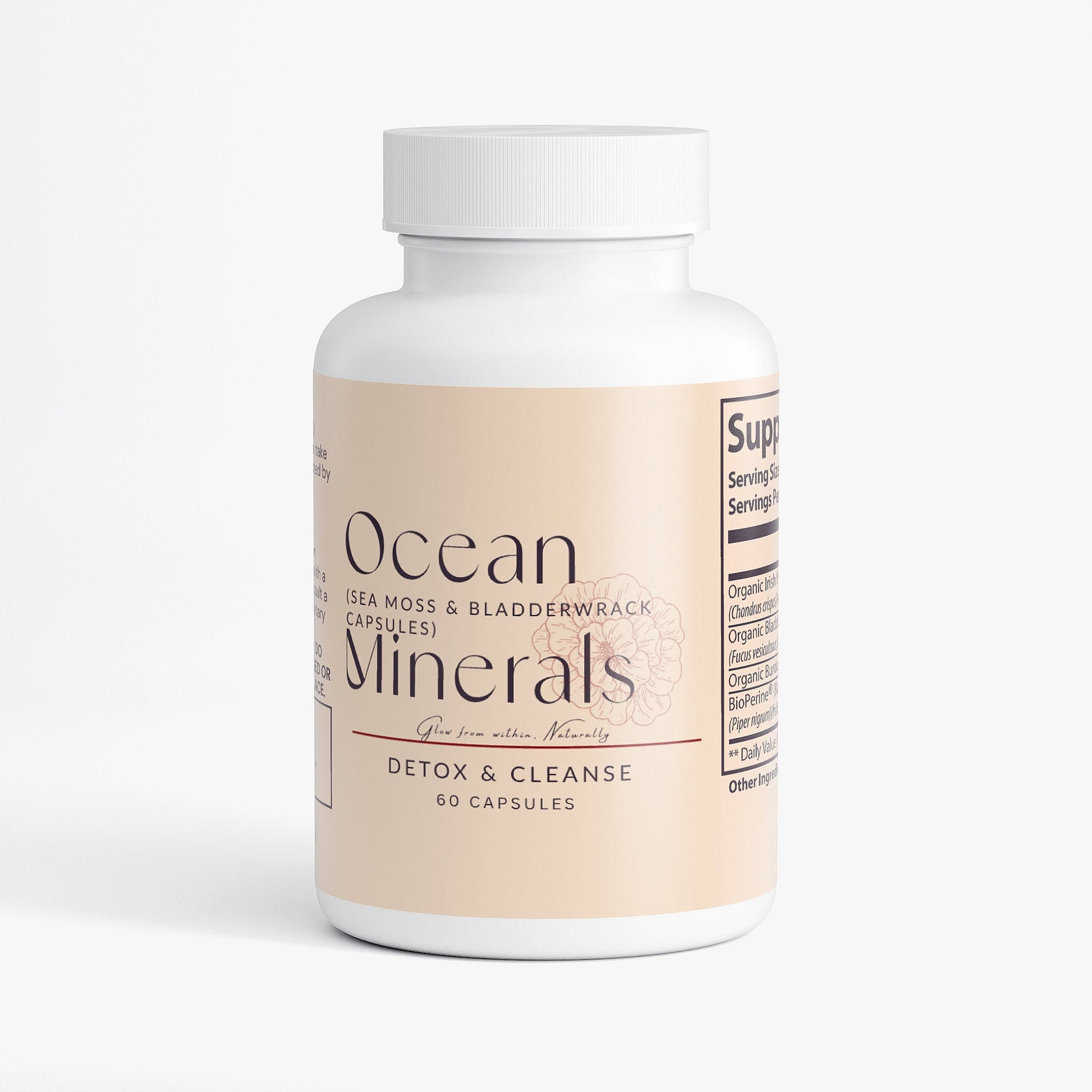 Bottle of Ocean Minerals sea moss and bladderwrack capsules for detox and cleanse, 60 capsules