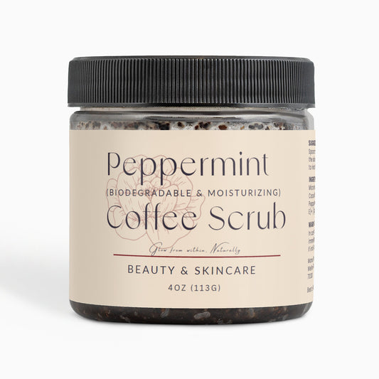Jar of Peppermint Coffee Scrub for moisturizing and exfoliating skin care, biodegradable and natural ingredients, 4oz container