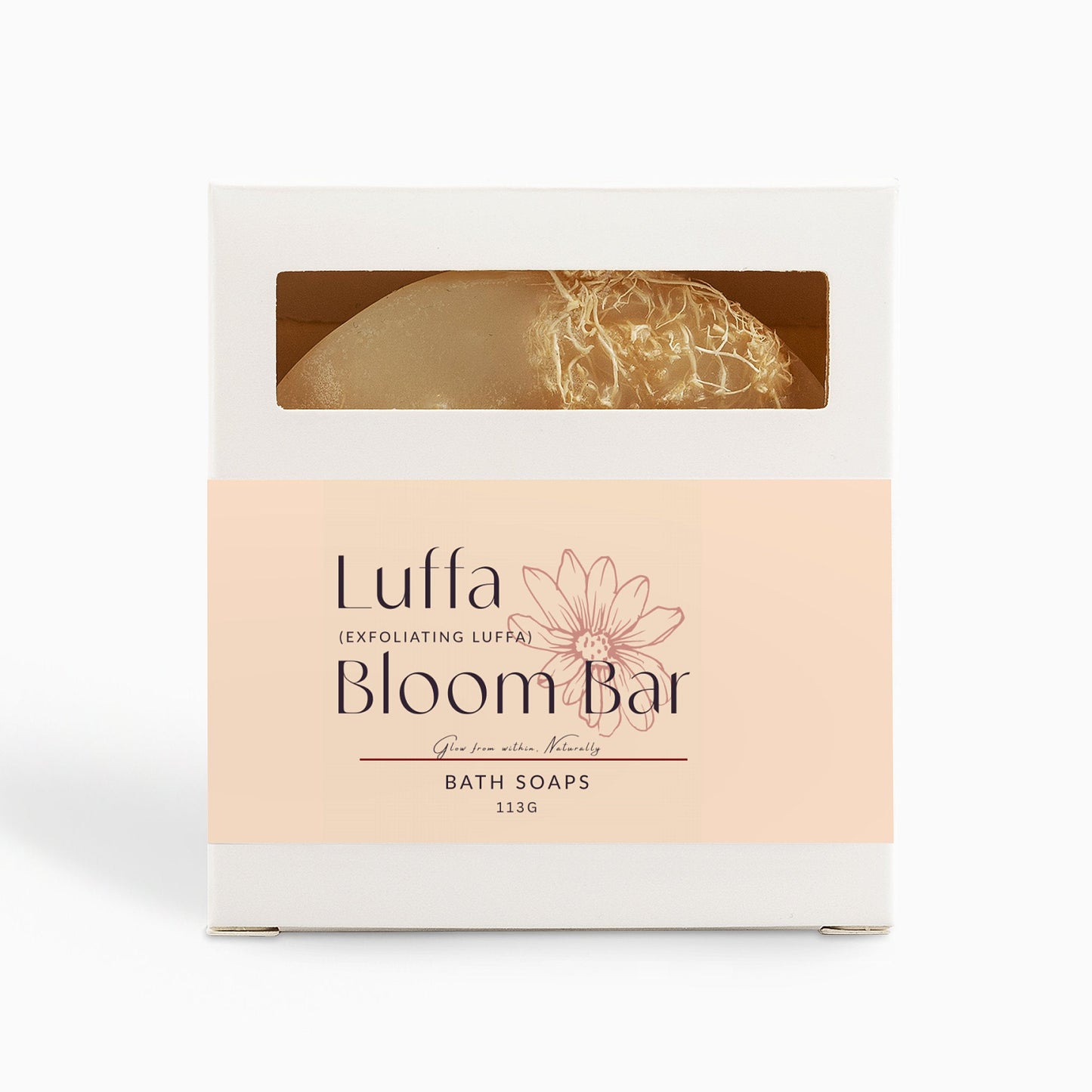 Luffa Bloom Bar natural exfoliating soap with luffa fibers and tea tree oil in eco-friendly packaging