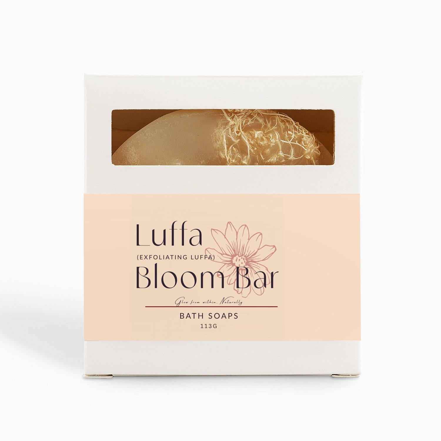 Luffa Bloom Bar natural exfoliating soap with luffa fibers and tea tree oil in eco-friendly packaging