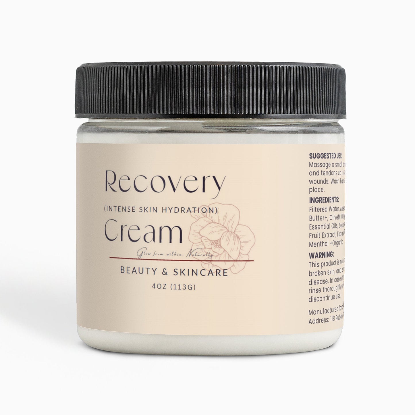Recovery Cream jar for skin hydration with aloe and essential oils, 4oz premium skincare moisturizer