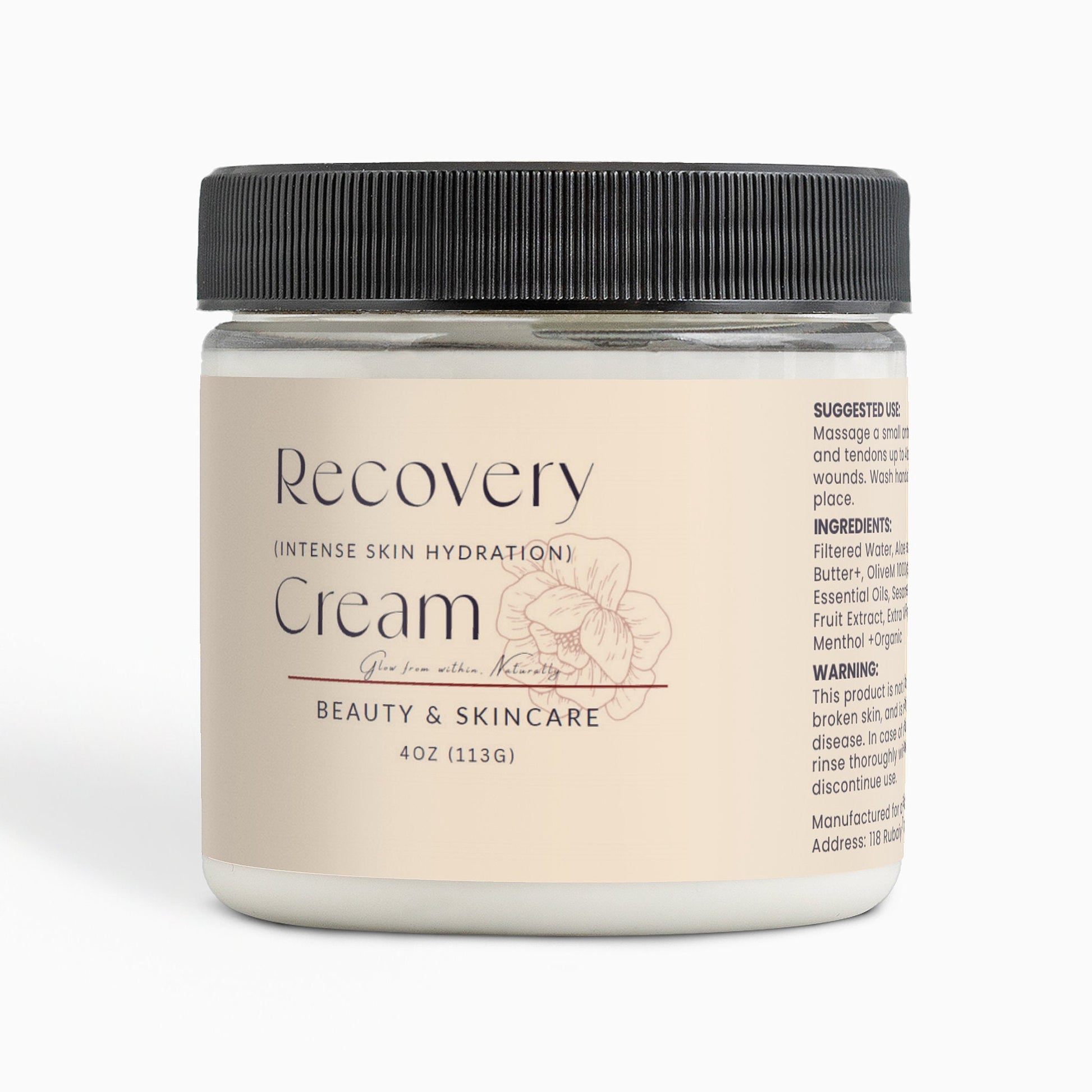 Recovery Cream jar for skin hydration with aloe and essential oils, 4oz premium skincare moisturizer