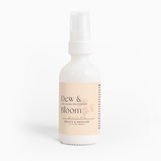 Dew & Bloom anti-aging moisturizer bottle for sensitive skin hydration and fine line reduction