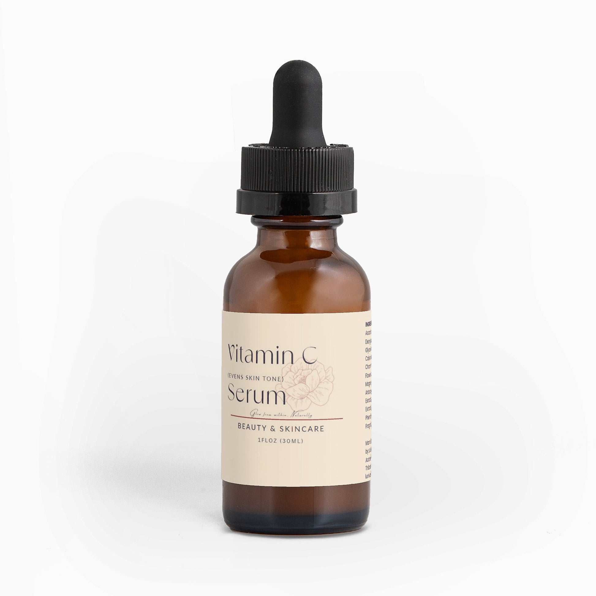 Brown glass dropper bottle of Vitamin C serum for brightening and hydrating skin