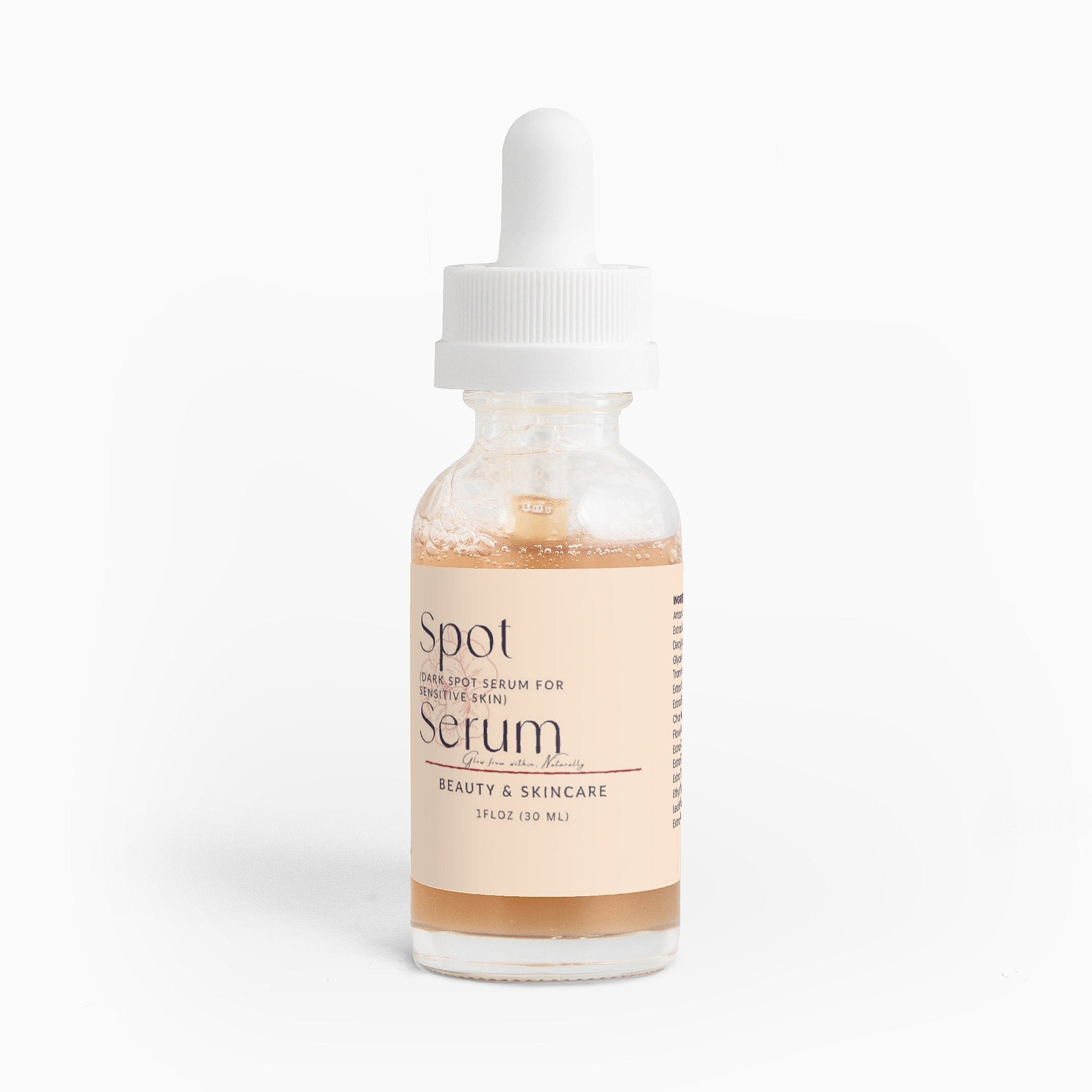 Dark Spot Serum for sensitive skin in a 1 fl oz dropper bottle, hydrating formula with natural brightening extracts, gluten-free, vegetarian, and vegan friendly.