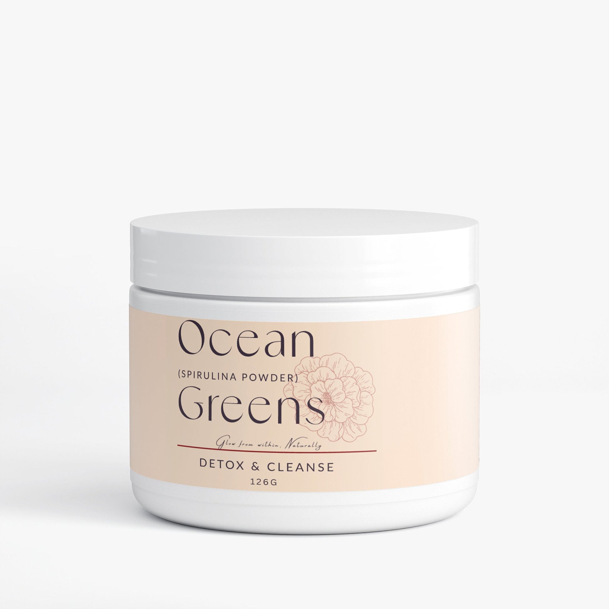 Ocean Greens spirulina powder superfood detox and cleanse supplement in white container with beige label