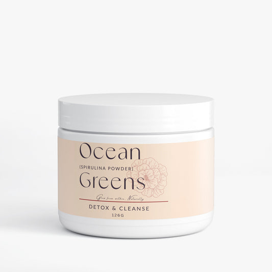 Ocean Greens spirulina powder superfood detox and cleanse supplement in white container with beige label