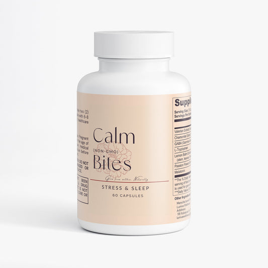 Bottle of Calm Bites organic lemon balm supplement for stress and sleep, 60 capsules, non-GMO